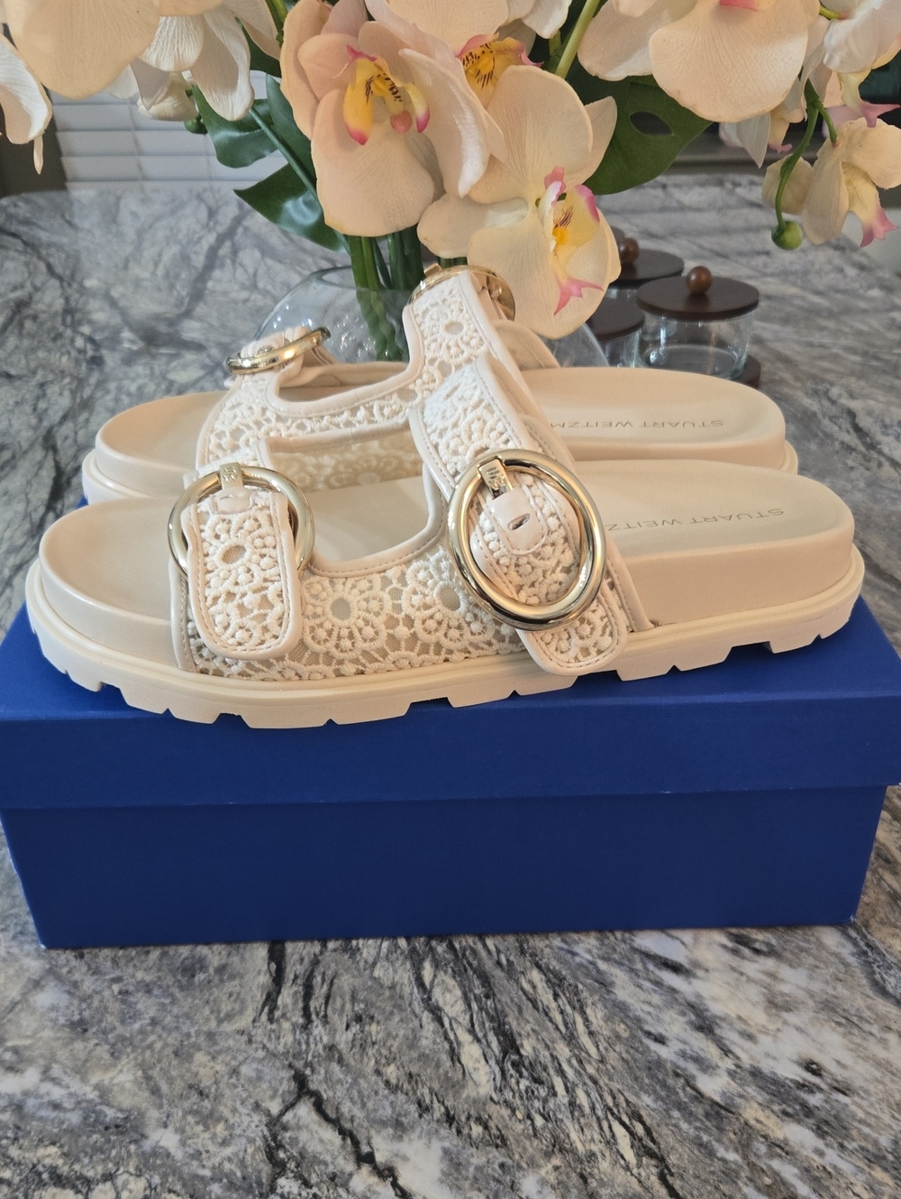Stuart Weitzman Cream Crochet Buckle Slide Sandals